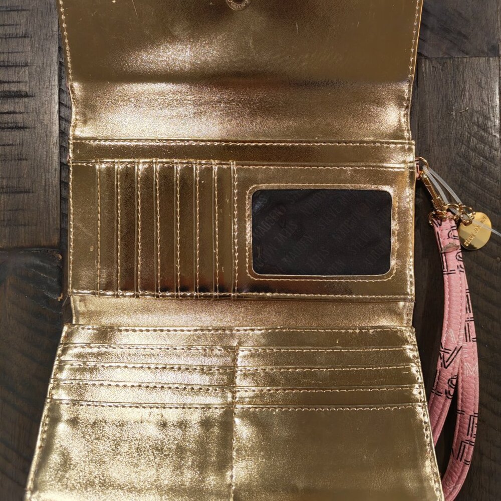 Women's Steve Madden Pink and Gold Clutch Wallet with Zipper and Wrist Strap - Picture 3 of 5